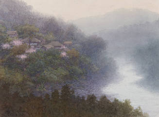 Untitled (mountain river and village in mist, Japan)