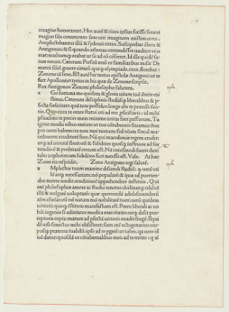 Leaf from Lives of the Philosophers by Diogenes Laertius; Imprint: Printed in Venice by Nicolaus Jenson, 14 August 1475