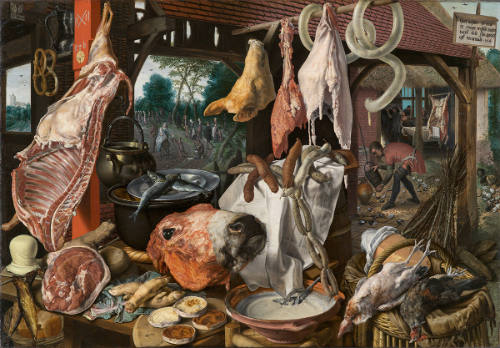 A Meat Stall with the Holy Family Giving Alms
