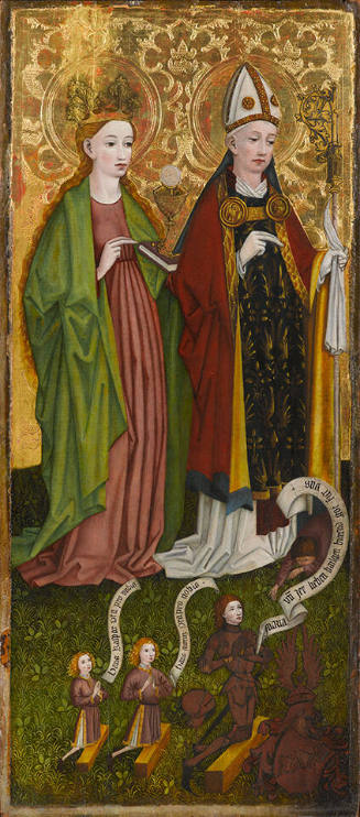 Wing of an altarpiece for Pfarrkirche St. Mauritius, Stein: Saints Barbara and Valentine with Kaspar von Laubenberg and Sons