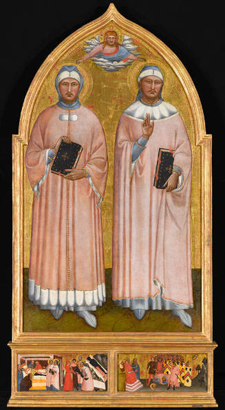 Devotional painting for a Florentine guild (Guild of Doctors and Apothecaries?): Saints Cosmas and Damian; [Left predella]: Miracle of the Transplantation of the Black Leg; [Right predella]: Decapitation of Saints Cosmas and Damian
