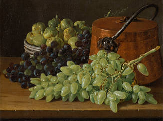 Still Life with Grapes, Figs, Ceramic Plates, and a Copper Pot