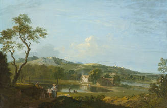 An Extensive Landscape with Cottages near a Lake