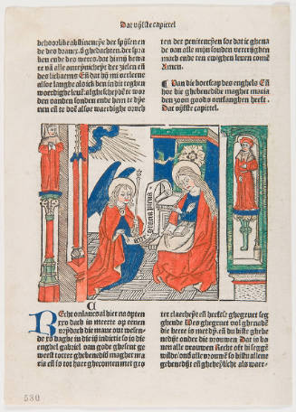 Leaf from Tboeck vanden leven Jhesu Christi (Latin: Vita Christi) by Ludolph of Saxony (d. 1378): “Of that message from the angel and how Mary received that blessing from God” [Ch. 5]; Imprint: Printed in Antwerp by Claes Leeu on November 20, 1488