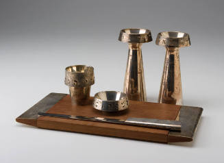 Sabbath Set: two candlesticks, Kiddush cup, salt dish, bread knife, Hallah tray
