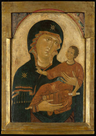 Central panel of a triptych: Virgin and Child “Hodegetria”; (in the spandrels above) The Annunciation