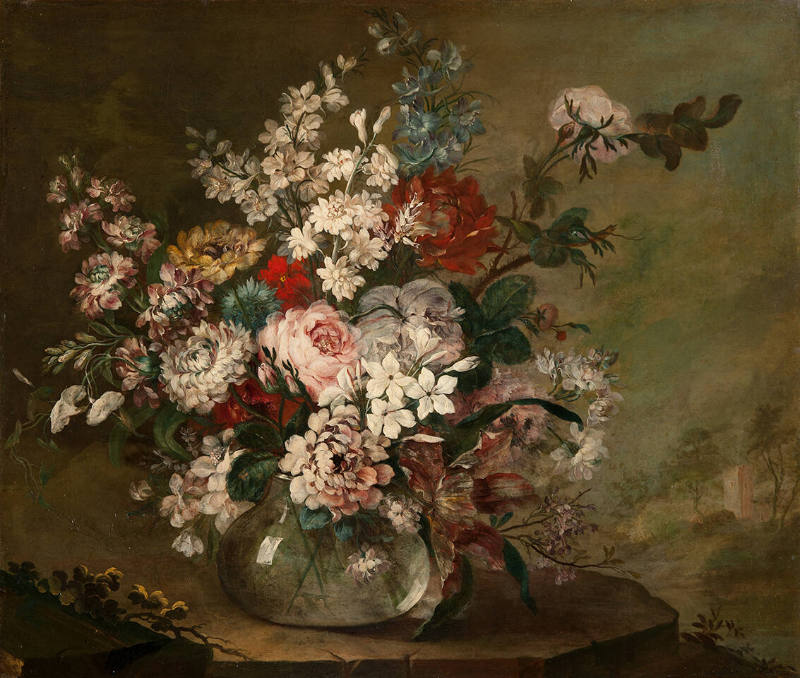 A Vase of Flowers on a Stone Slab
