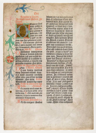 Leaf from a missal (use unknown) with the mass for the vigil of Saint Andrew the apostle and commemorations of saints Saturninus, Chrysanthus, Maurus, and Daria (November 29) [Sanctorale, p. clxxi]
Imprint: Printed in Basel circa 1470–80