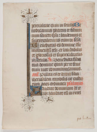 Leaf from a Book of Hours: From the Hours of the Virgin, Lauds, Song of the three children (Daniel 3), with antiphons, and psalm 148