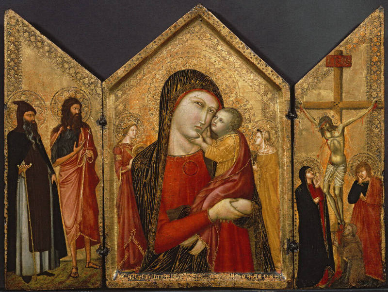 The Virgin and Child with Saints Catherine of Alexandria and Lucy (center); Saints Anthony Abbot and John the Baptist (left); the Crucifixion (right): Triptych for individual devotion