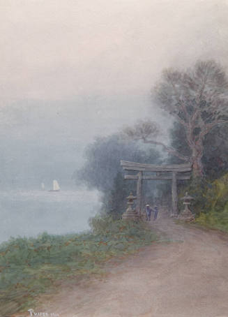 Untitled (torii gate by a lake in mist, Japan)