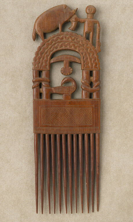 Comb with Hunter and Elephant, Sankofa Bird, and Knots