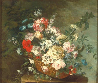 A Basket of Flowers on a Stone Slab