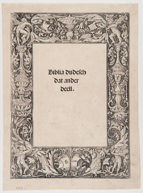 Leaf from the Halberstadt Bible: Title page to the second of two volumes
Printed in Halberstadt by Lorenz Stuchs, July 8, 1522