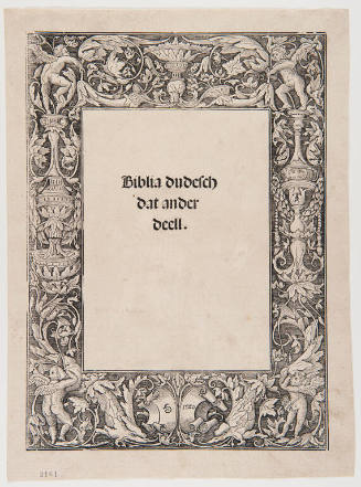 Leaf from the Halberstadt Bible: Title page to the second of two volumes
Printed in Halberstadt by Lorenz Stuchs, July 8, 1522