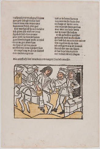 Leaf from The Book of Heroes, or Wolfdietrich: The Prince of Verona receives Dietlib von Stir; Imprint: Printed in Strasbourg (in present-day France) by Johann Prüss, about 1484