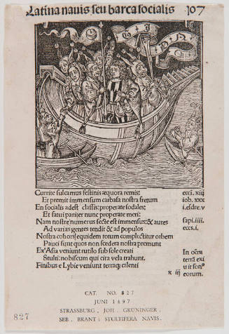 Leaf from Das Narrenschiff (Latin: Stultifera Navis) by Sebastian Brant (1458-1521): fol. 107r "Latina navis seu barca socialis"; Imprint: Printed in Strasbourg by Johann (Reinhard) Grüninger, 1 June 1497